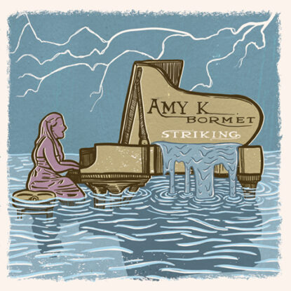 striking album cover with Amy playing a piano in water