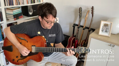 Matt playing his Sadowsky in his living room next to the bookshelf on a sunny morning