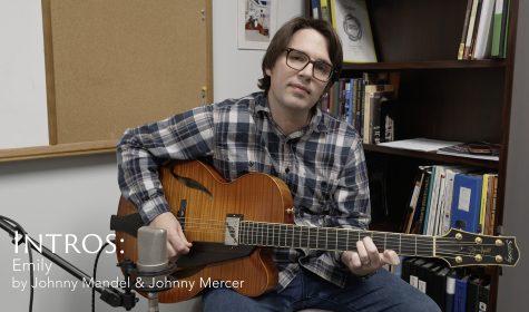 Emily Cover, Matt playing his Sadowsky Jim Hall guitar in his office at George Mason University